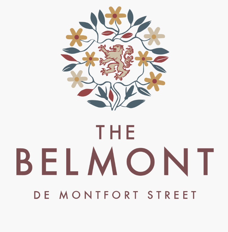 Belmont Hotel logo: a lion in a floral symbol at the top, with the name in light brown/red below