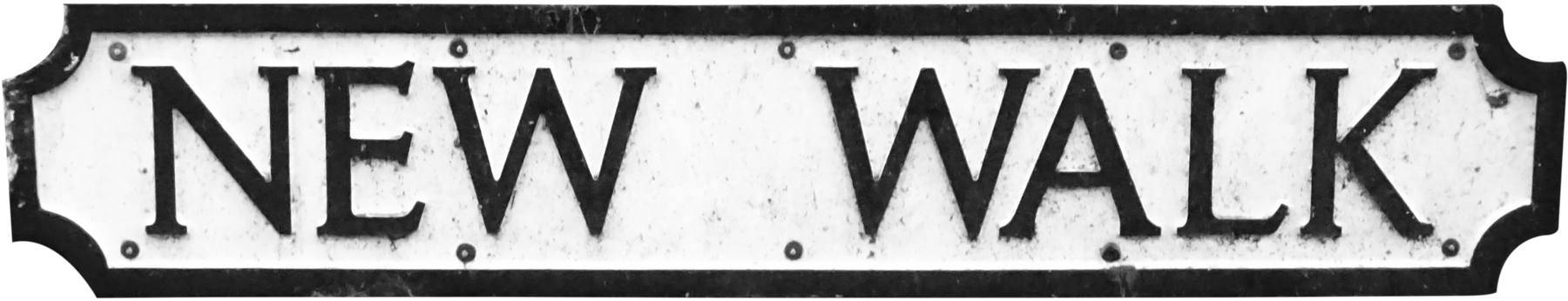 Photograph of an old street sign in black and white saying 'New Walk' in an old serif uppercase typeface