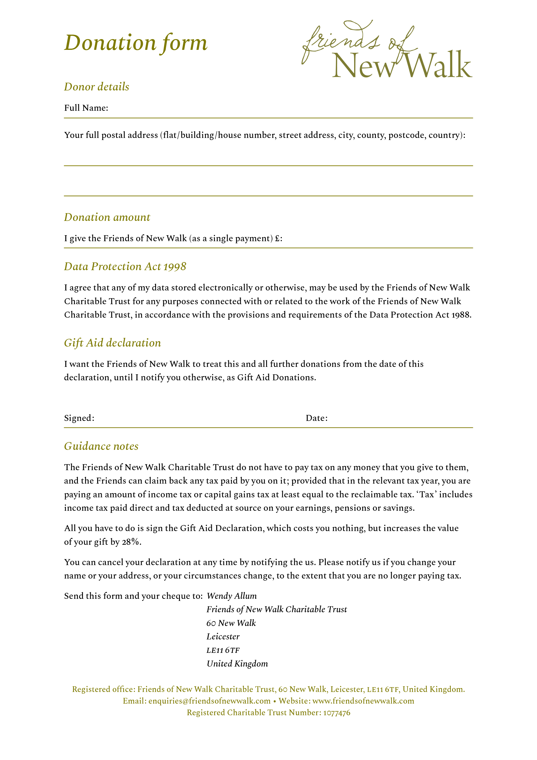Small image of the donations form, which is in a yellowish gold colour for headings and dark grey text for body text