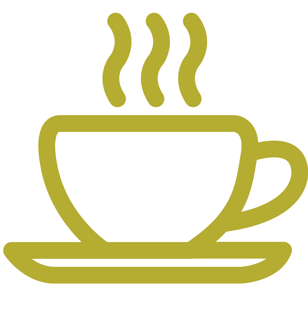 A yellow line icon of a cup and saucer